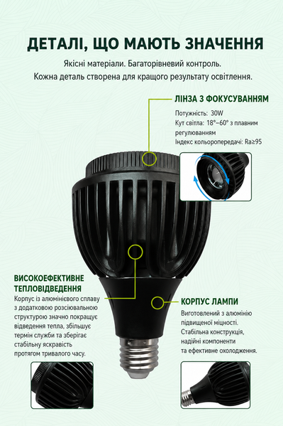 Фітолампа PAR30 Focusing 30W 6000K з регулюванням кута світіння PAR30-F6K фото