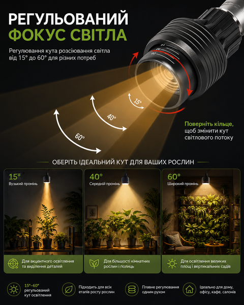 Світлодіодна лампа для фітостіни E27 15W 4000K з фокусуванням 15&ndash;60&deg; FE27-1560-4K фото