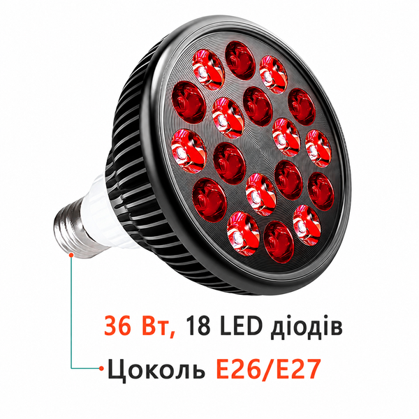 Красная светотерапевтическая лампа бустер 54W (18 LED) &ndash; 660nm + 850nm для кожи и растений, E27 5304 фото