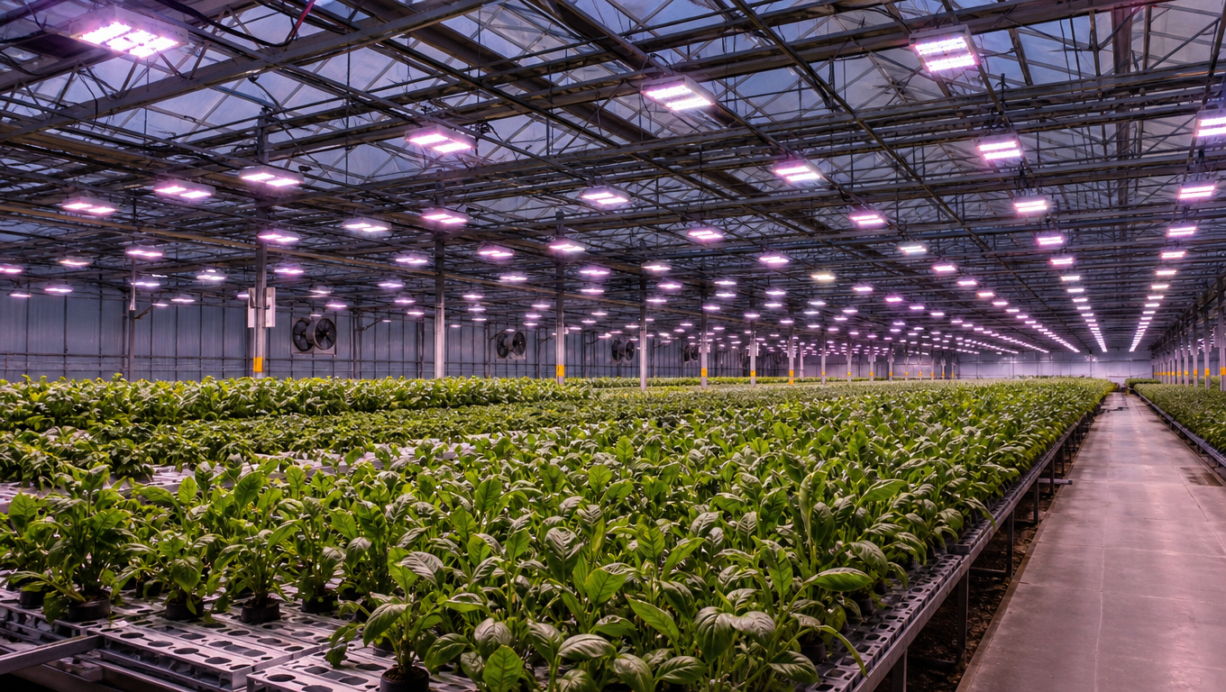 Промышленное LED-фитоосвещение в современной теплице с равномерной подсветкой растений