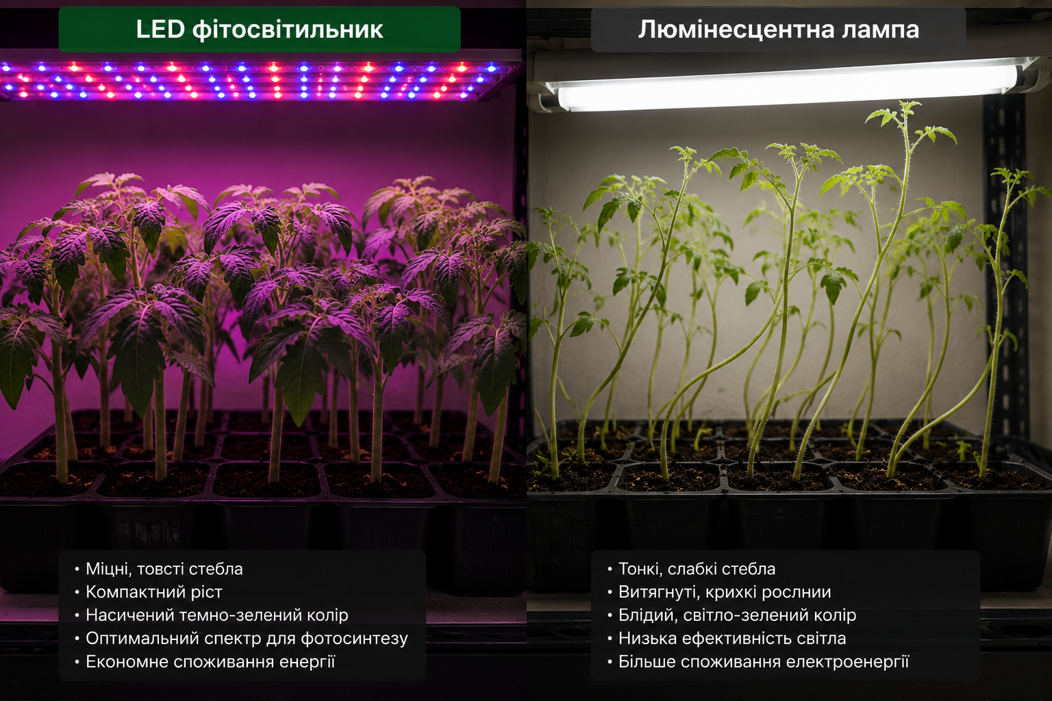Порівняння LED фітосвітильника і люмінесцентної лампи для розсади томатів