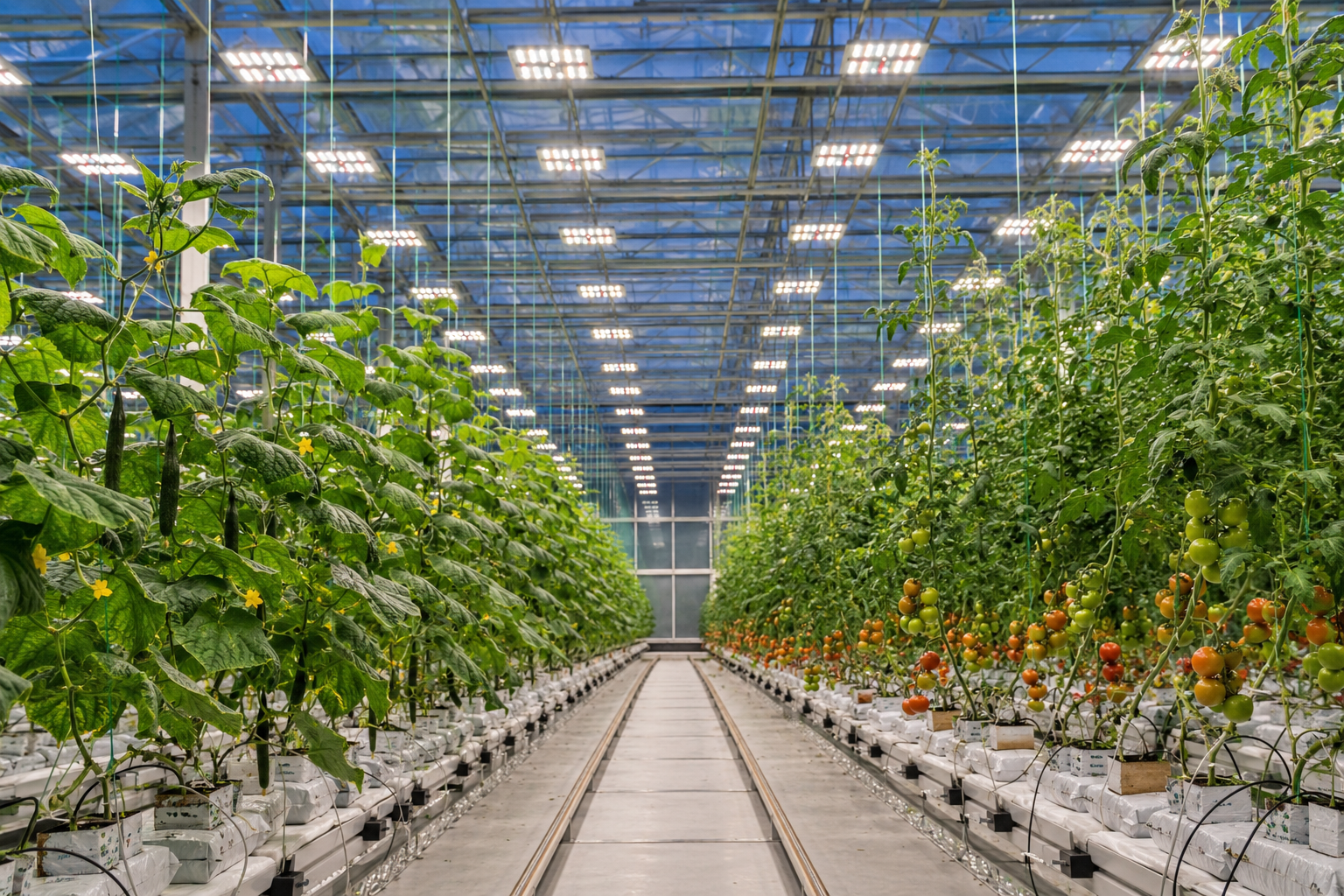 Сучасна теплиця з LED‑досвічуванням над рядами рослин у професійному середовищі вирощування