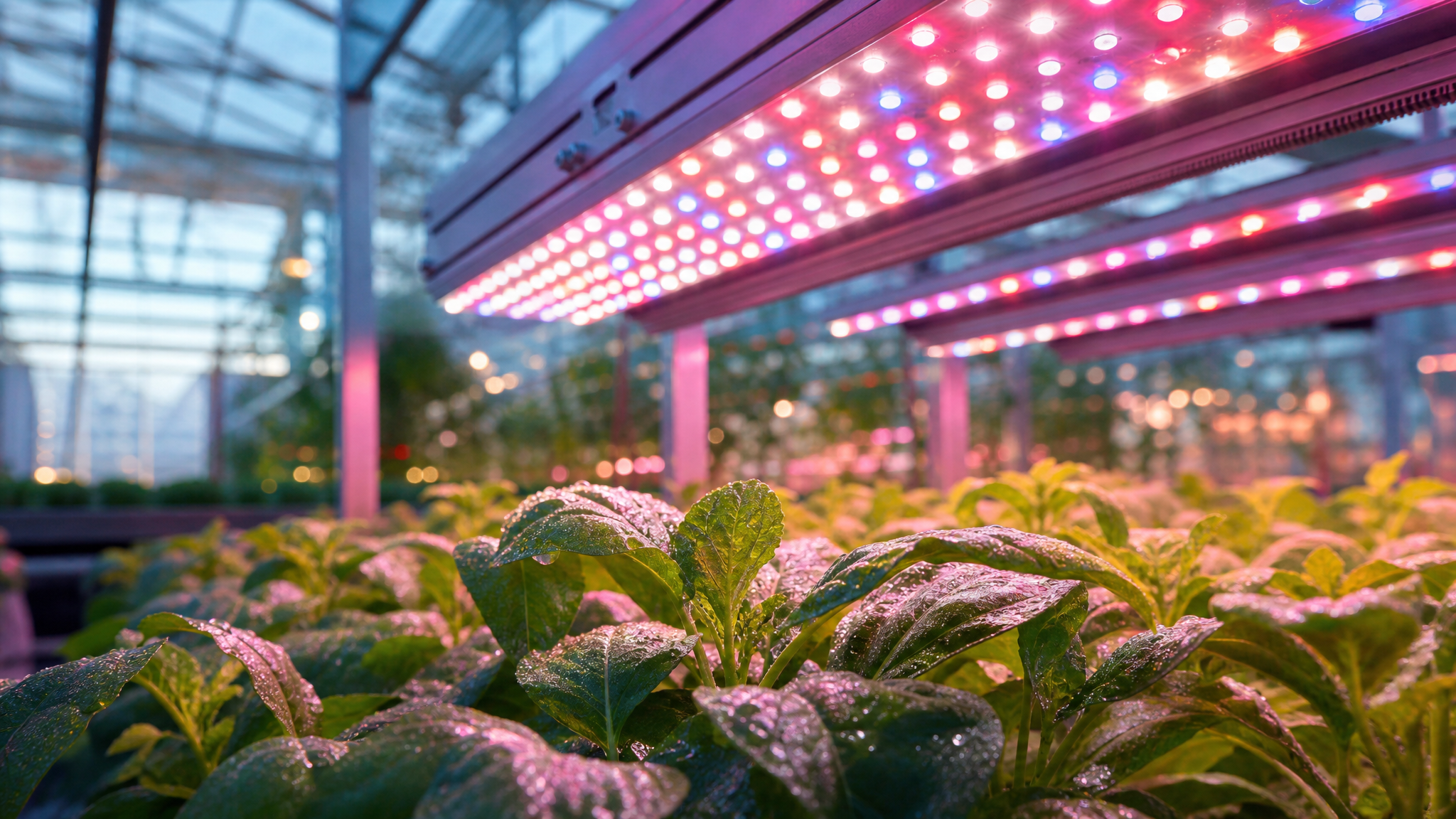 Полноспектральные LED-фитолампы в теплице над густыми зелеными растениями с профессиональной подсветкой.