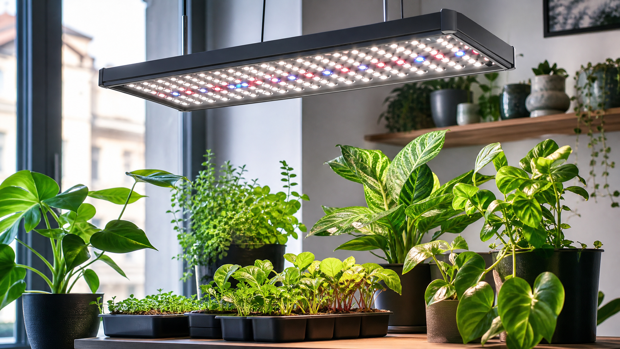 LED-світильник і повноспектральна фітолампа над кімнатними рослинами та розсадою біля вікна
